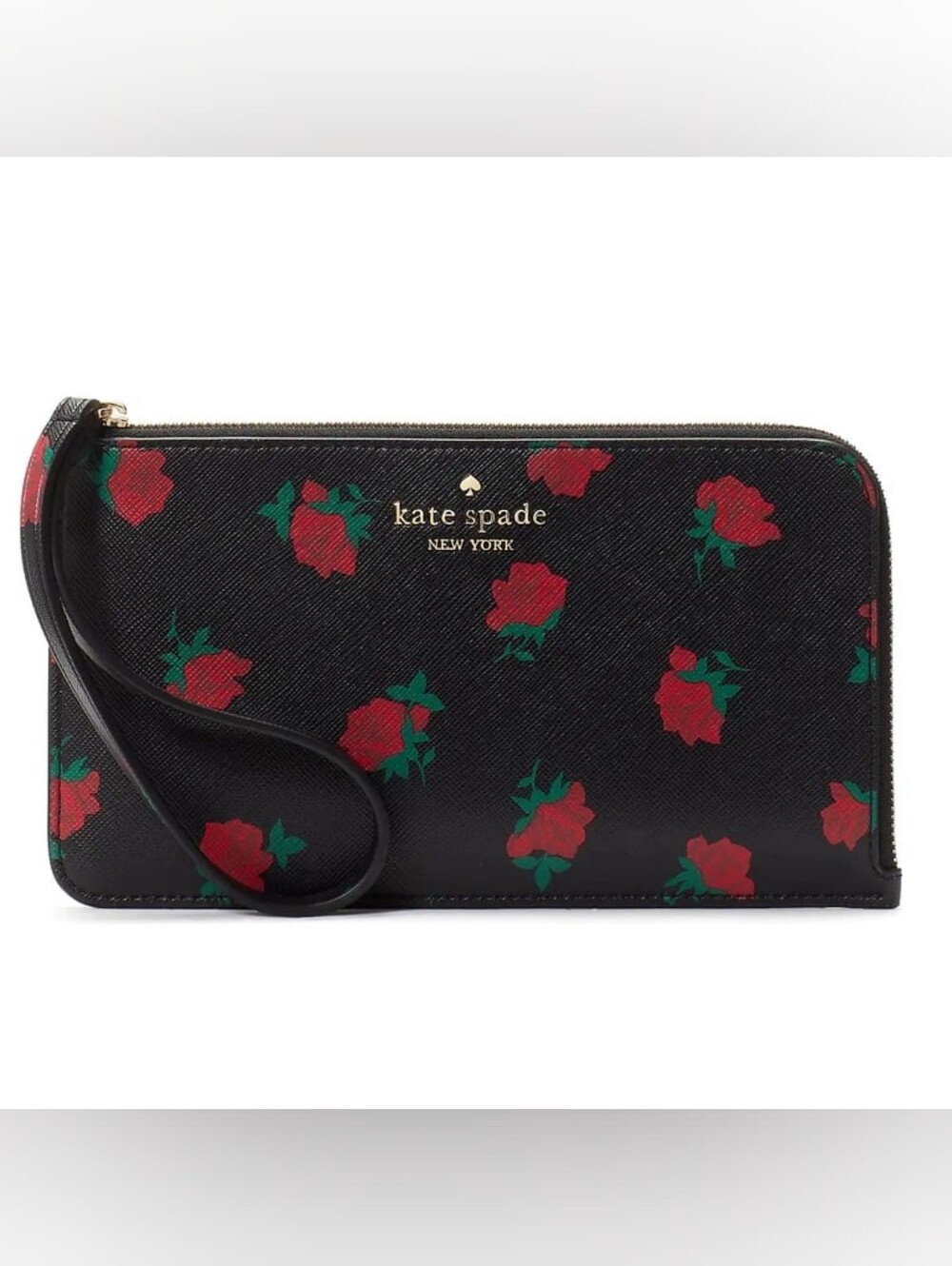 Kate Spade Black Floral Zip Wristlet with Red Roses